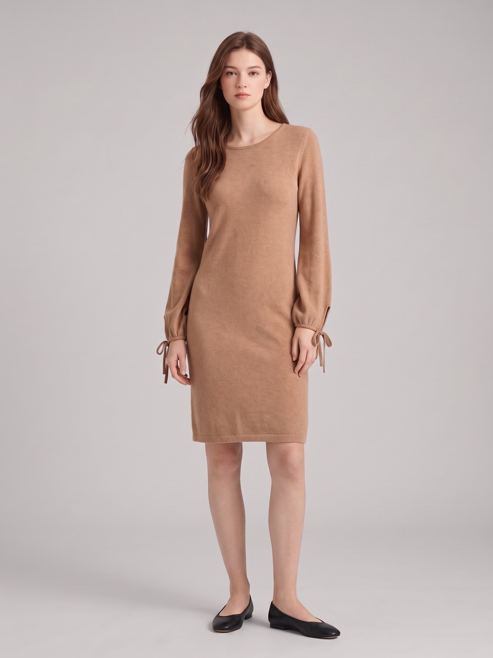 White + Warren Crewneck Long Sleeve Knit Dress in Camel.Quiet luxury. Minimalist